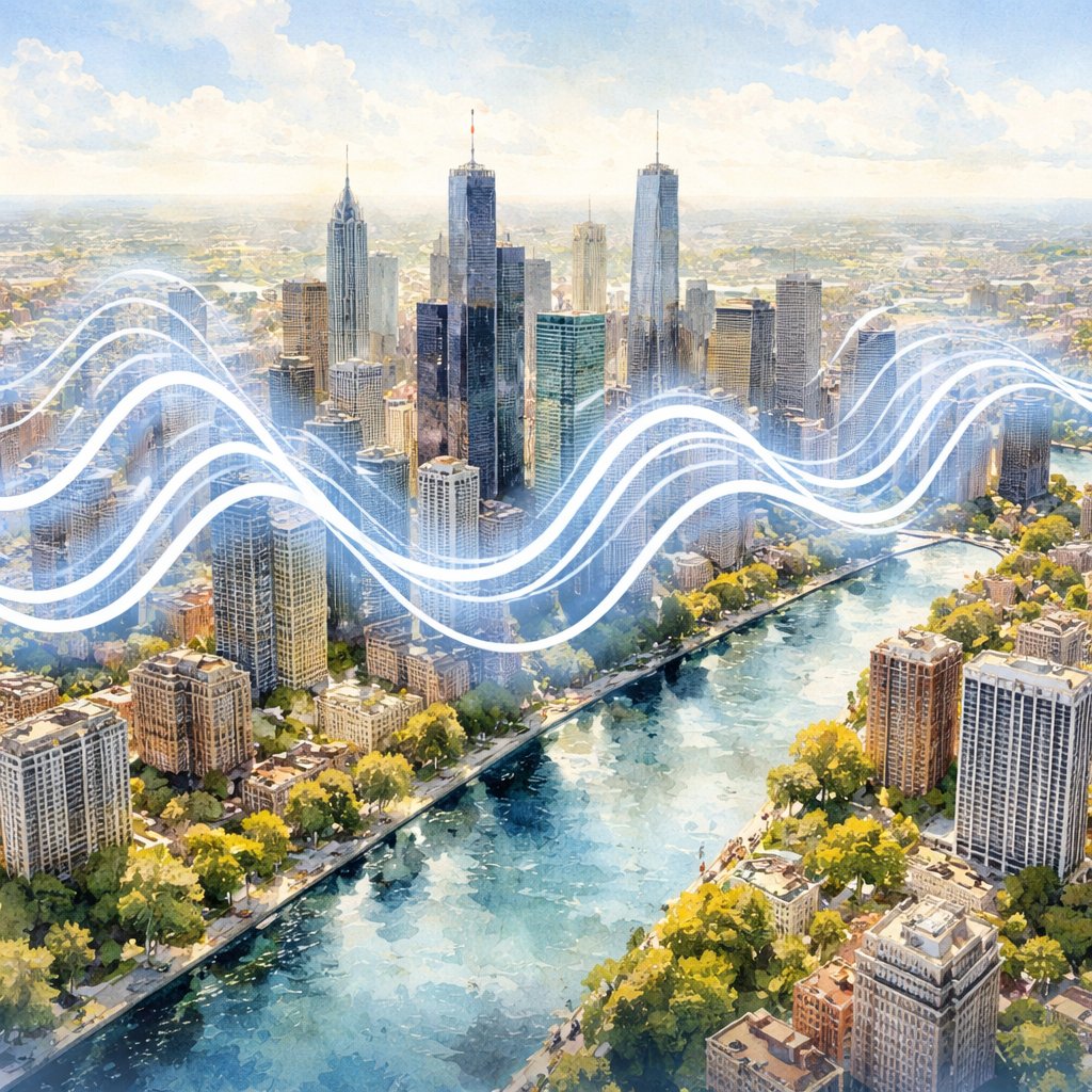 Close to buildings Drone view color Sound waves travelling across the downtown of a city on a bright beautiful day. no water.