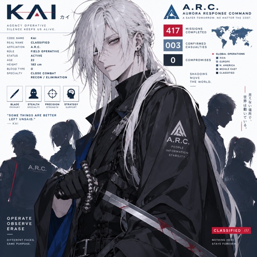 Anime style, male, name kai, highly skilled in fighting all fighting styles and weapons, long long white hair half in face, dark bags,white skin,earrings, history unknown,holding a sword,surrounded by the agency