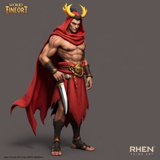 Create handsome hero Rhen the Fire – A lean, muscular man. He wears layered, flowing desert robes dyed in warm reds and golds, with scorch marks where flames have licked them. A curved blade hangs at his hip. Show whole body head to toe including her shoes.