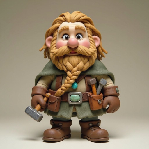 Create a stocky dwarf with a weathered face, braided beard tucked into his belt, and straw-tousled hair. Wears a soot-stained cloak over a leather smith’s vest, tool belt with hammer and chisels, heavy boots. Subtle turquoise rune glow from a pebble at his neck,