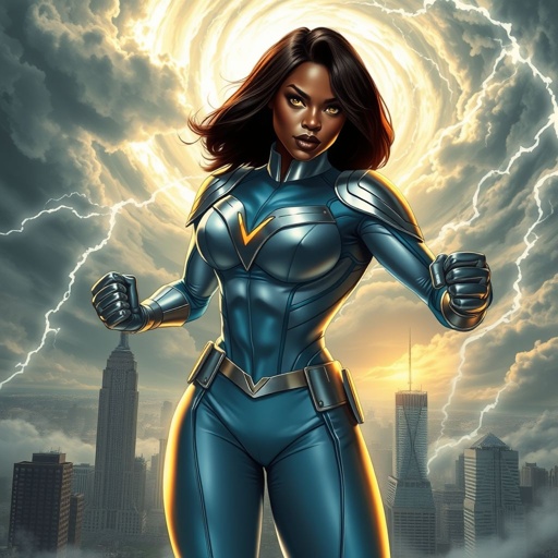 African American female superhero with hair in a shoulder length side part hairstyle with pure Gold glowing eyes wearing a leather slightly armored light blue white and silver suit with light blue pants and silver boots and a V as her chest emblem controlling a storm in Philadelphia