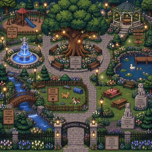 * Large central tree with benches underneath * Walking paths made of stone or pavement * Flower gardens with colorful and glowing flowers * Small pond with lily pads and reeds * Fountain with magical glowing water * Playground with swings, slides, and climbing structures * Gazebo covered in vines * Picnic tables and benches * Street lamps with floating magical lights * Small bridge over a stream * Dog area with little fences * Statues of legendary creatures or village founders