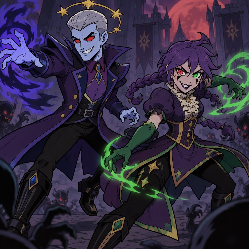Male, grey short slick pointy back hair, light blue skin, completely full red eyes, red eyes, halo of gold stars surrounding head, purple long coat buttoned up, purple shirt and collar, shirt sleeves over palms, tall boots, black pants, blue details on clothes, pointy shoulder pads dark purple, Female, short purple braids, messy bangs, one red eye the other green, black triangle under eyes, stars on face, dark purple lipstick, purple dress with a short front, short puffy sleeve, gold corset, long green gloves, green details on clothes, stars on top, ruffled collar, black pants, fighting together, both smiling evil