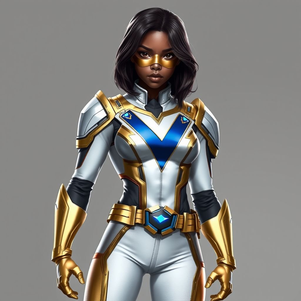 A teenage African American female with shoulder length hair  in a side part style superhero  wearing an armored MASK and a slightly armored white and gold suit with white pants and blue accents and a stylized V as her chest emblem a utility belt and gold boots