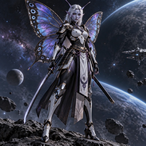 A gorgeous alien butterfly woman in a futuristic space samurai armor. Show whole body. 