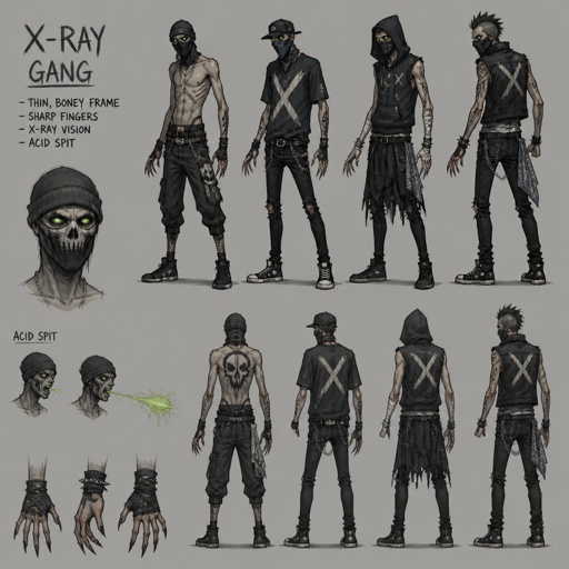 Male gang member, mask, acid spit, X-ray vision, sharp fingers, boney, multiple of the same character 