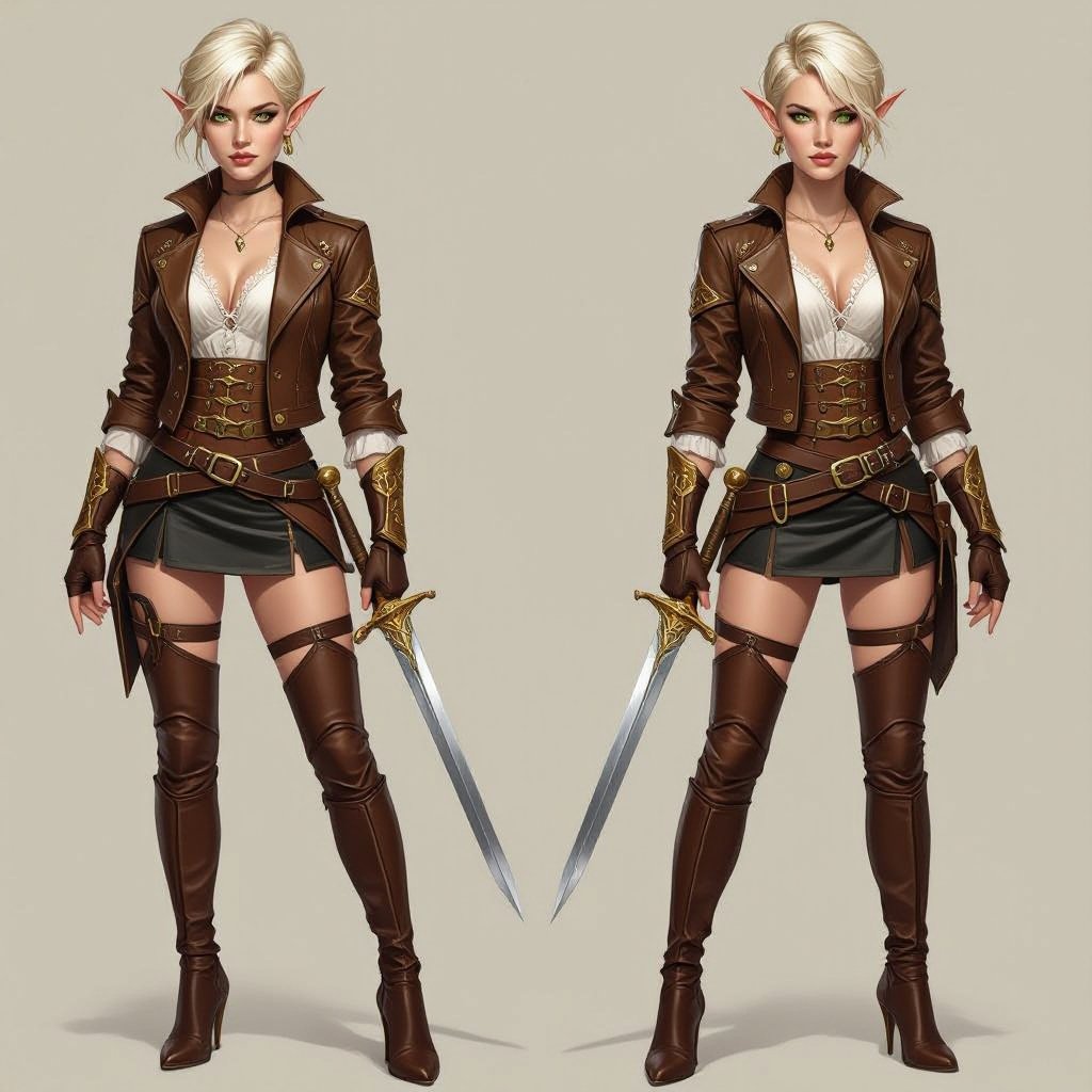 Prompt — “Ffionna Baelyn (Appearance-Only Canon)” A semi-realistic fantasy portrait of a female High Elf assassin with a blonde pixie cut, fair ivory skin with warm undertones, and sharp green eyes flecked with gold. She has pointed ears and an elegant, athletic build. She wears a cropped brown leather jacket fitted to her waist with brass buckles and stitching detail, over a white sheer-lace blouse with a delicate neckline. A short, black fitted leather skirt sits high on her waist, sleek and practical. Her gloves are fingerless brown leather; her thigh-high boots match in brown leather with subtle shine and high, narrow heels. Her twin short swords are polished steel with gold-filigree guards and brown leather-wrapped hilts, worn symmetrically at her hips. Her stance or posture should convey poised confidence—alert but graceful, befitting a professional assassin. Lighting neutral and even, showing full-body proportions (8-heads rule), semi-realistic painterly fantasy style. “A semi-realistic fantasy painting of Ffionna Baelyn, the High Elf assassin, seated at the bar inside the Shallow End Inn. She sits on a wooden stool with one leg crossed over the other in a relaxed, confident posture. Her cropped brown leather jacket, white lace-trimmed blouse, short black fitted skirt, and thigh-high brown boots are all part of her locked outfit. Her twin short swords rest within reach, gleaming faintly in the lanternlight. The inn’s wooden counter, hanging bottles, and swamp-reflected glow set a moody, humid atmosphere, capturing her calm watchfulness rather than flirtation.”