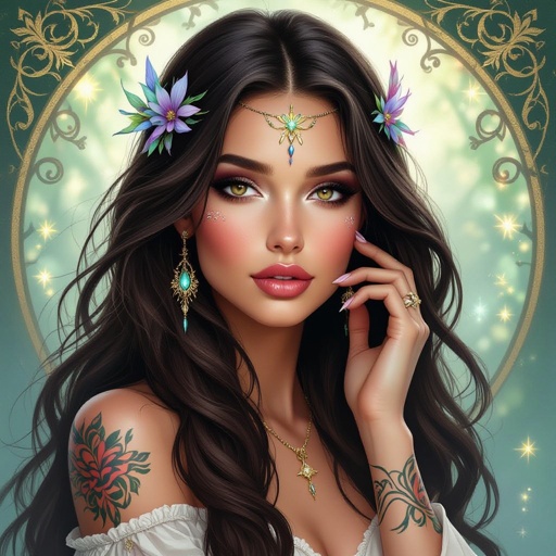 Kobieta człowiek. Ciemnobrązowe  do pasa włosy, brązowe oczy, pełne usta, delikatny makijaż, tatuaże. Wróżka tarota