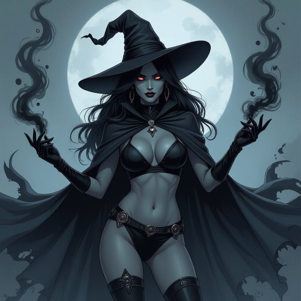 sexy shadow demon witch gypsy slate grey skin large black billowing cloak that emits darkness and shadow smoke. Two piece. Witches Hat. Wields Black Evil Shadow Smoke Daggers