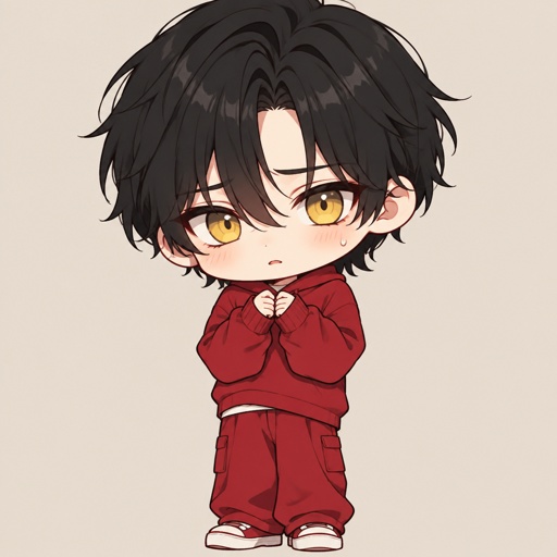Male, Asian, neck length black hair, yellow eyes, eyeliner, wears red casual clothes, small mouth, nervous, big eyes