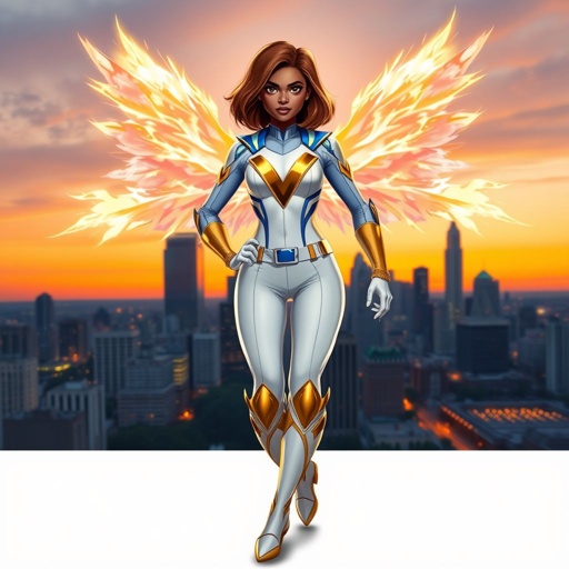 A teenage African American female superhero with brown hair with gold highlights in a shoulder length side part hairstyle with pure Gold Glowing eyes wearing a white suit with gold and royal blue  with white pants and gold and white knee length boots with a utility belt with a gold V  as her chest emblem with glowing  wings made of white fire in Philadelphia 