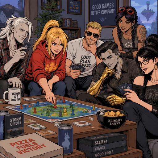 Accurate Kado Thorne from Fortnite pale skin and white hair no facial hair, Samus Aran casual clothes, Jones from Fortnite stubble sunglasses casual clothes, Jules from Fortnite casual clothes, Midas from Fortnite casual clothes, Bayonetta from super smash bros casual clothes, all playing board game 