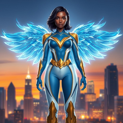 A young African American female superhero with shoulder length hair in a side part style wearing a blue and white suit made of spandex like material that’s slightly armored with gold accents with white pants and gold boots with a stylized V as her chest emblem with wings made of blue fire standing in Philadelphia at dawn