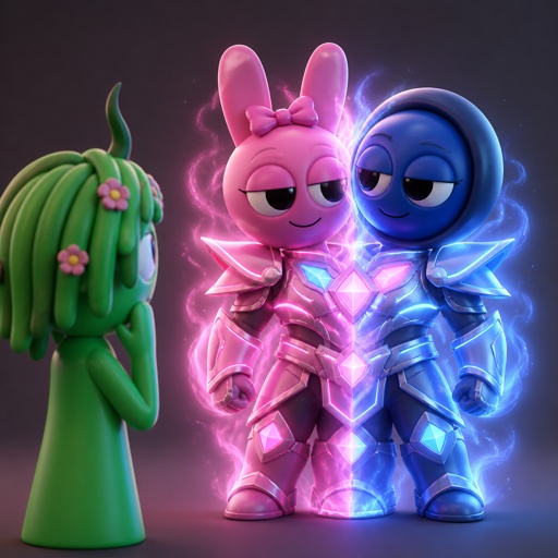 Vineria from Sprunki watching Pinki from Sprunki as Elita One merged with Jevin from Sprunki upgrading the twos shared armour to be more powerful and more durable 