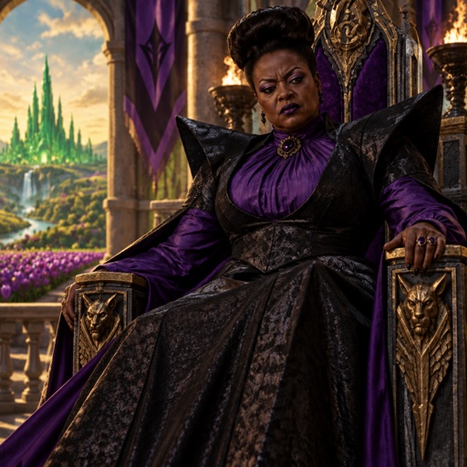 a woman in a purple dress sitting on a throne