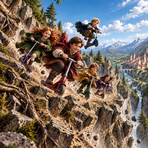 a group of people riding scooters on top of a cliff
