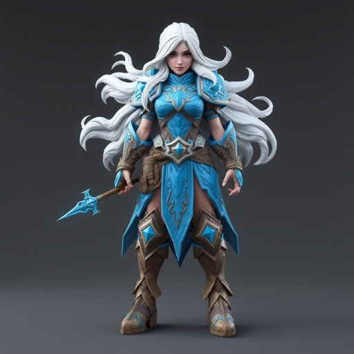 Create a battle woman hero called Alvara the Frostheart. Show full body head to toe including shoes