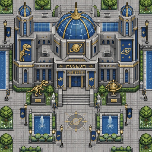 Museum full building for a futuristic fantasy city game, exterior, top down style
