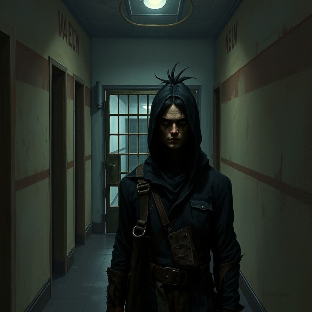 Create this background hall inside was dim, paint peeling in sheets. A metal door led to the cell block. Six cells, all empty. A cracked toilet in each. Rusty bunks, stale air, dust everywhere. No character just background