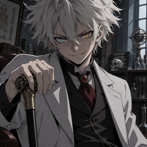 Male,young scientists, lots of bushy messy hair really sticking up on the sides is also drooping down in the middle of his forehead linger strands of hair over his ears, heterochromia eyes, facial shad, evil smirk, has a cane