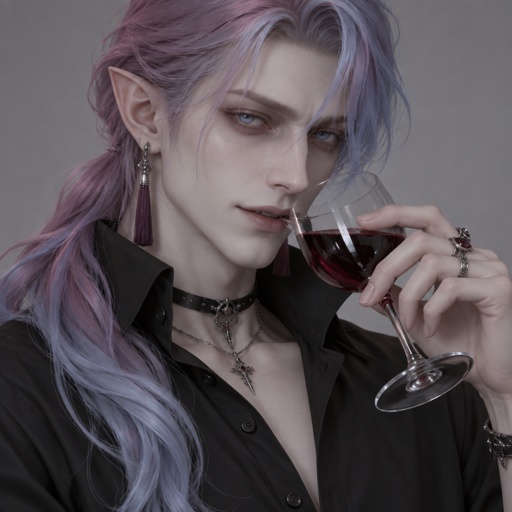 Male, pale, vampire, thin, light blue eyes, cheekbones, medium length brushed smooth hair, all back hair over right shoulder, bangs, pinkish purple and light blue hair gradient, tassel earrings, jewelry, black button up shirt with upturned collar, choker, smirk, eye bags, pointy ears, drinking red liquid from wine glass