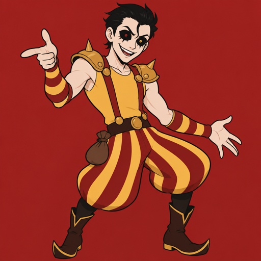 Male, white skin, black slick back spiked hair, one hair strand on forehead, completely black eyes, one red one yellow pupil, black spiked under eyes, black lines above lines under eyebrows, big smile, sleeveless yellow shirt, red suspenders with yellow stripes poofy on the bottom, red and yellow striped arm warmers, gold shoulder pads, small brown sack attached to belt, funny pose
