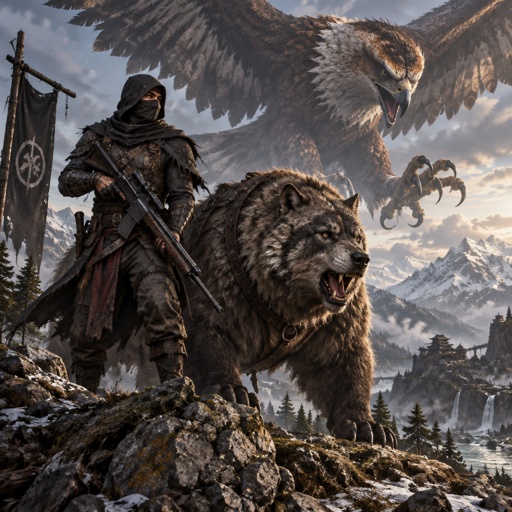 A ninja hunter, with rifle beside a half wolf/ half grizzly. Background giant vicious half eagle / half falcon in air