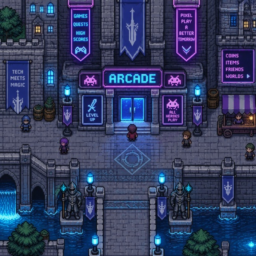 arcade for a futuristic fantasy city game, exterior, top down style