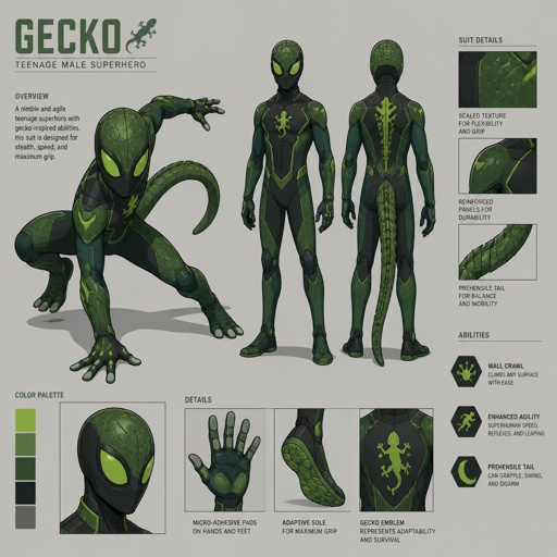 Male superhero with a suit that has gecko abilities, teenager, cool costume, full mask