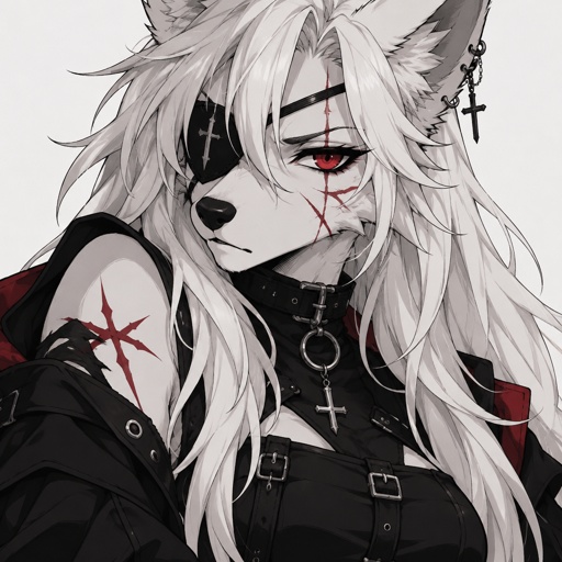 Wolf furry ,goth, scars, missing eye, long white hair