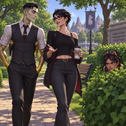 Midas from Fortnite, Bayonetta from super smash bros short hair casual clothes, walking in a park, Jules from Fortnite hiding in a bush furrowed brows