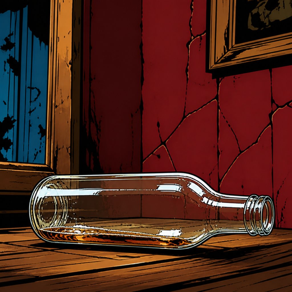 a glass bottle sitting on top of a wooden table
