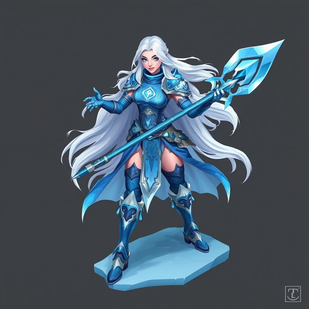 Create a battle woman hero called Alvara the Frostheart. Show full body head to toe including shoes