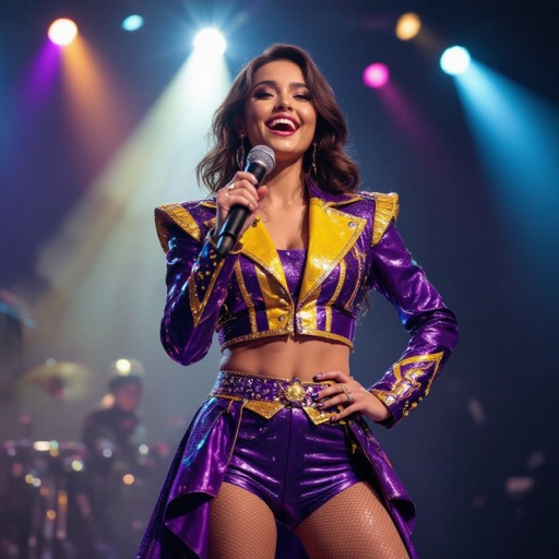 Girl in a purple and yellow and black stage outfit 