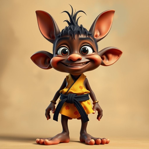 Create a character who looks like a funny African karate guy who doesn’t have a clue what he is doing. Make him have weird toes, only speedos on and a black karate belt.