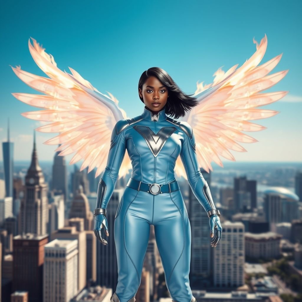 African American female superhero with hair in a shoulder length side part hairstyle with pure white eyes wearing a leather slightly armored light blue and silver suit with light blue pants and silver boots and a V as her chest emblem with wings made of white fire standing in Philadelphia during the day