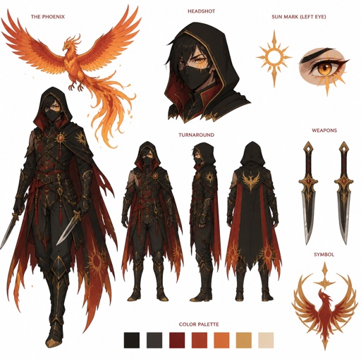 assassin with phoenix, sun mark on eye