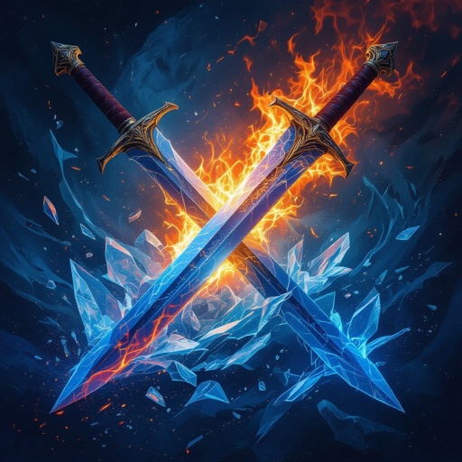 2 swords crossed no human with fire and ice coming from them