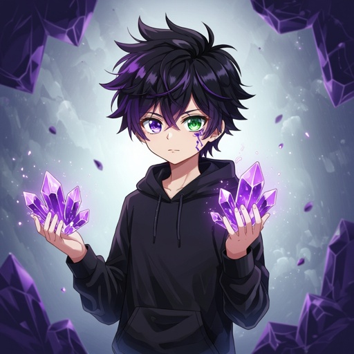 (This is me my name is Gem I have black messy hair with purple highlights, my right eye is green an my left eye is purple but it is infected by crystals making a purple crystal spot around it with purple veins coming from it, my outfit usually consists of black hoodies,sweat pants both crystallized I also have the ability to create and control crystals,I'm a boy and PS the crystals are always purple)