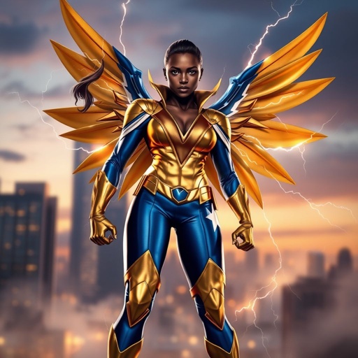 African American female superhero with neck length hair in a side part style wearing a leather gold white and blue suit with blue pants and gold boots with a stylized V as her chest emblem and wings made of lightning standing in a city at dawn