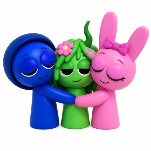 Jevin from Sprunki and Pinki From Sprunki cuddling each other with Vineria from Sprunki in the middle of them