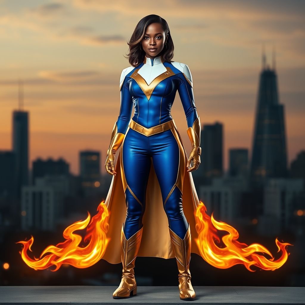 African American female superhero with shoulder length hair in a side part style wearing a homemade white and blue suit with gold accents and blue pants with a stylized V as her chest emblem wearing gold flat boots with wings made of gold fire standing in Philadelphia at dusk