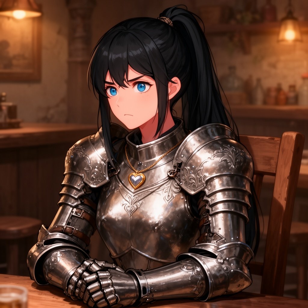 A beautiful girl with long black hair tied up in a pony tail wearing heavy armour she has peachy skin and nice blue eyes. She has a puzzled look on her face with a heart pendant hanging from her neck. She is sitting on a chair looking like she is thinking about stuff inside a nice tavern