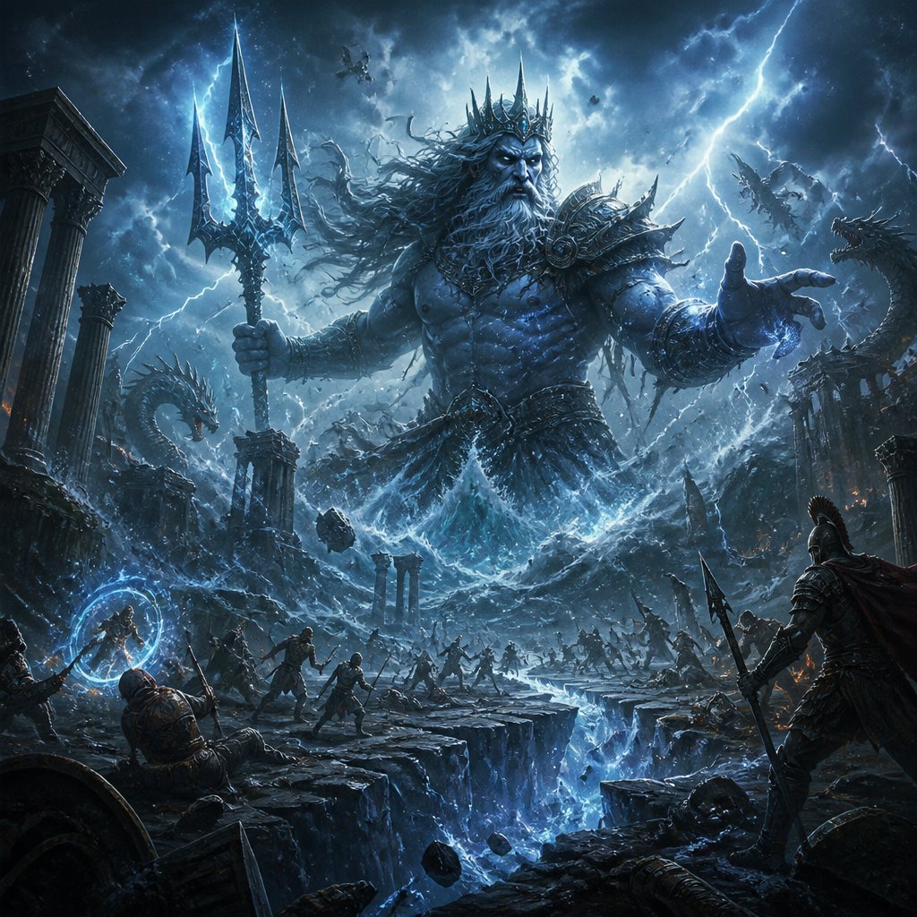 Poseidon the world shaker facing off with divine anger with a destroyed battlefield plagued by storm full of abyssal fissures