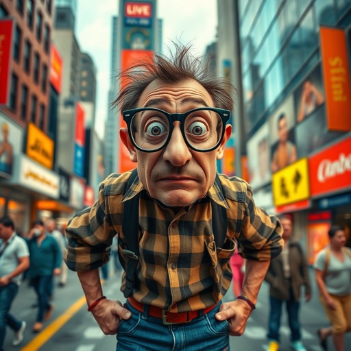 Create a funny looking paranoid man in the world, with a not so stylish outfit head to toe