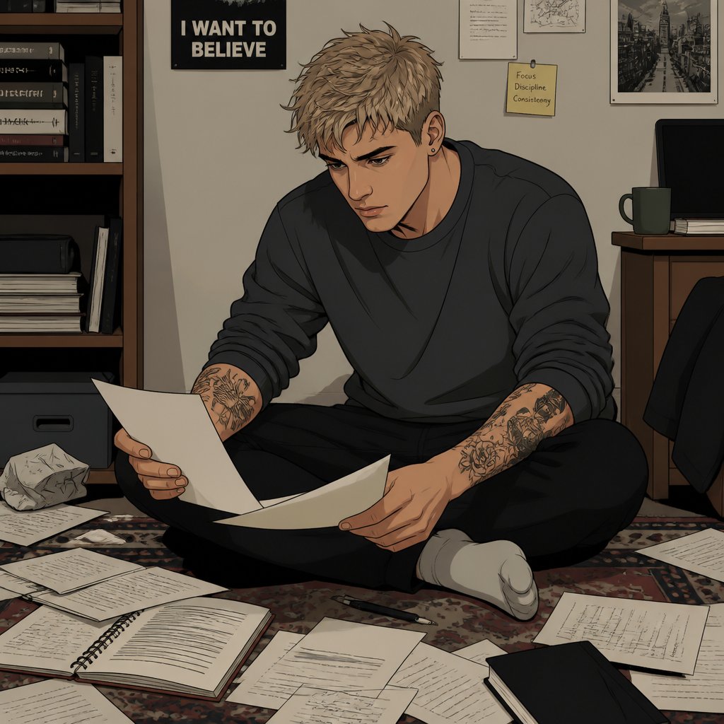 A 20 year-old man with tousled short dirty blonde hair and storm grey eyes sits on a carpeted floor, surrounded by papers. His sweater sleeves are rolled, revealing arm tattoos. He is staring at the papers with a guarded expression.