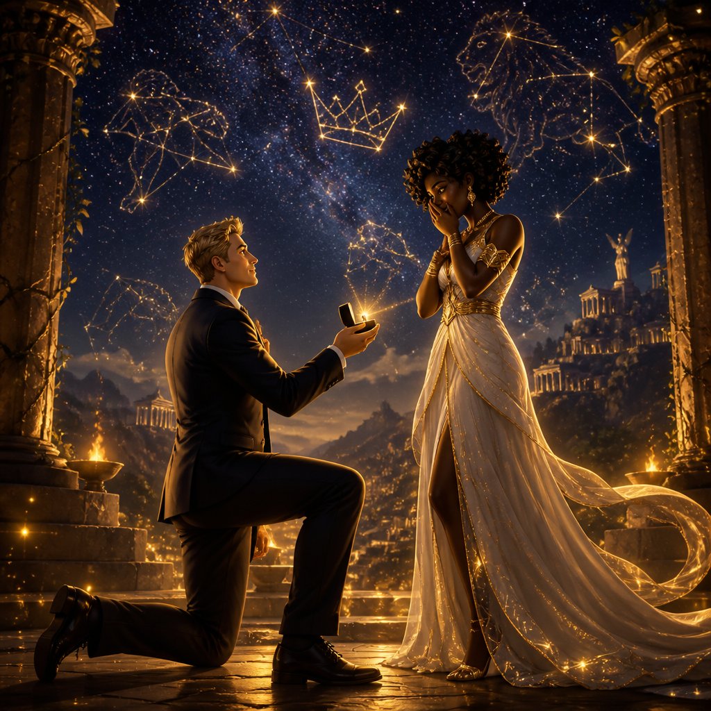 Jonesy and Slone from Fortnite out in the beautiful land Jonesy wearing a suit and Slone wearing a very beautiful dress Jonesy purposing to Slone at night