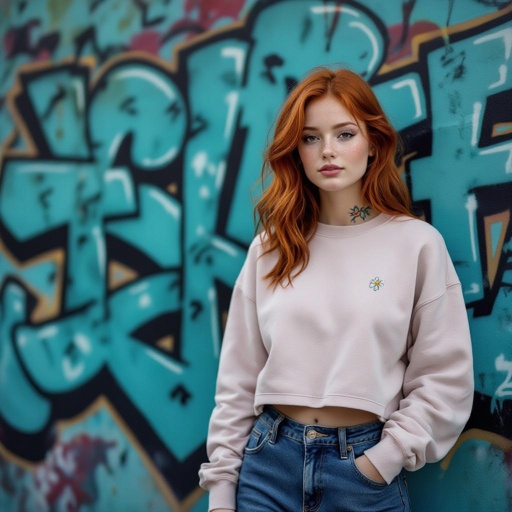 A red haired girl in a cropped sweatshirt 