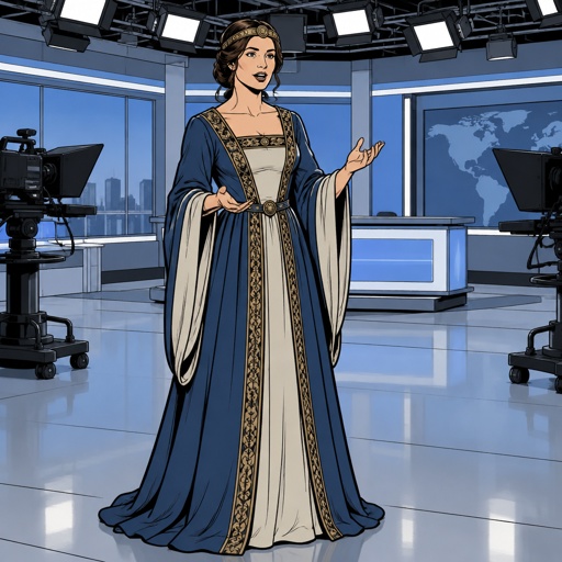 We are in a TV studio, whose main colours are blues greys the fluorescent lighting unannounced or stands in front. She’s dressed in renaissance robes and she is speaking. No speech bubbles no print dots. A TV studio with a cool design, but empty with no people