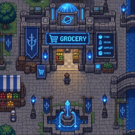Grocery store for a futuristic fantasy game, exterior, top down style